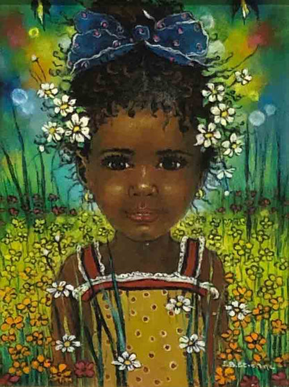 Jean-Bernard Etienne (1952-2019) 16"x9" Niña en la pradera Acrílico sobre lienzo Enmarcado #1FC