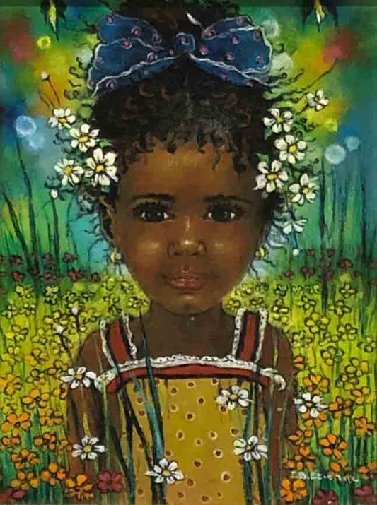 Jean-Bernard Etienne (1952-2019) 16"x9" Niña en la pradera Acrílico sobre lienzo Enmarcado #1FC