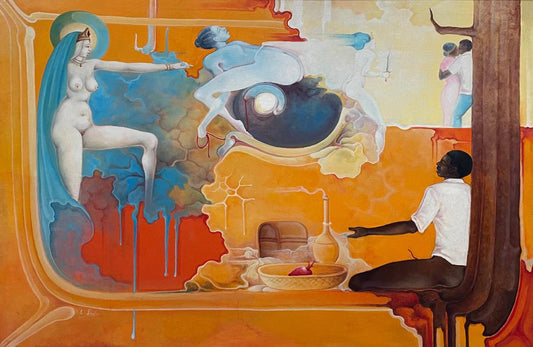 Celestin Faustin (1948-1981) 24"x36" Devuélveme eso Freda 1980 Óleo sobre lienzo Enmarcado Publicado en Haitian Painters págs. 36