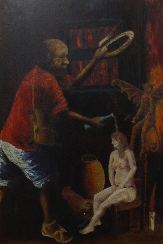 Celestin Faustin (1948-1981) 21"x 32" Aceite de iniciación vudú en Masonite #2603-GN-HA
