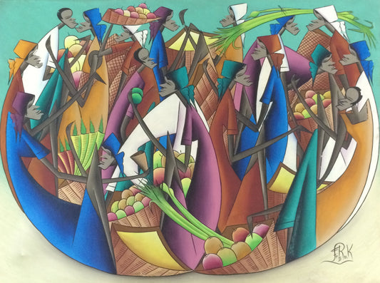 Fritz Rock 30"x40" Comerciantes c1970 Óleo sobre lienzo #19-3-79GN-HA