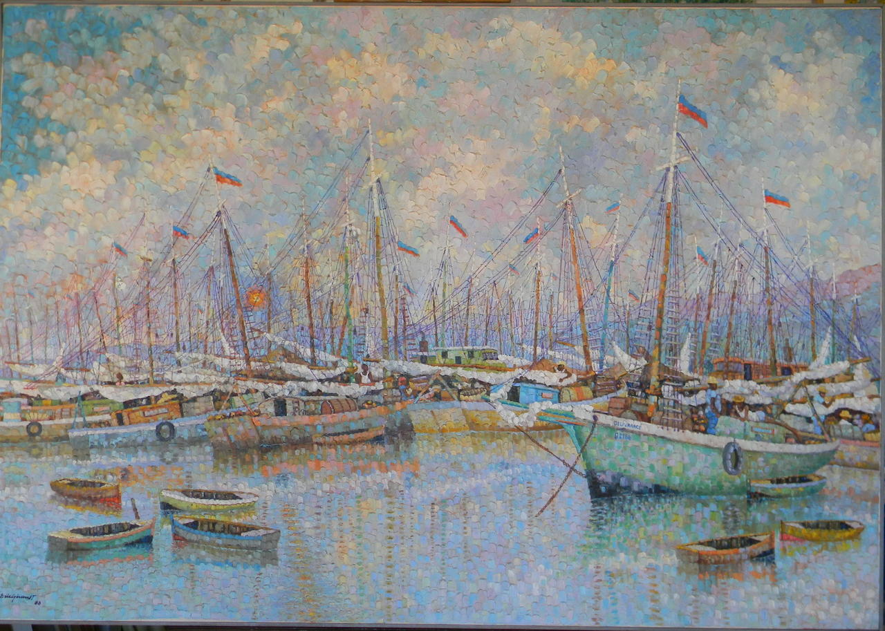 Eric Girault 42"x64" 1988 "Domingo en el puerto" Óleo sobre lienzo #23EG