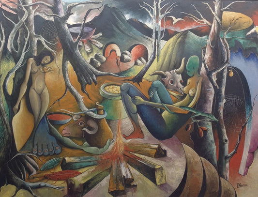 Jacques Enguerrand Gourgue 36"x48" Escena vudú c1960 Óleo sobre tabla #32-2-96GN-HA