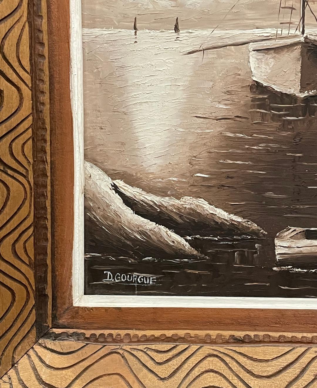 Decourcelle Gourgue 12"x16" Marineros en la noche 1971 Óleo a bordo Enmarcado #1MFN