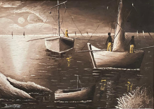 Decourcelle Gourgue 12"x16" Marineros en la noche 1971 Óleo a bordo Enmarcado #1MFN