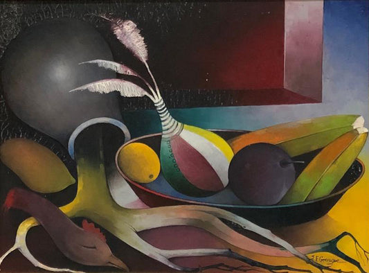 Jacques-Enguerrand Gourgue (1930-1996) 12"x16" Naturaleza muerta/ Vudú 1992 Óleo sobre lienzo Enmarcado #1FC