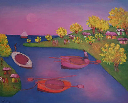 Calixte Henry (1933-2010) 24"x30" Marina con barcos Acrílico sobre lienzo 1JN-HA