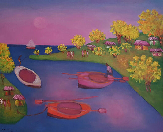 Calixte Henry (1933-2010) 24"x30" Marina con barcos Acrílico sobre lienzo 1JN-HA