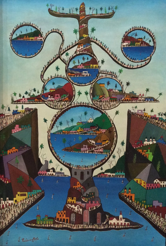 Prefete Duffaut (Haitiano, 1923-2012) "Ciudad imaginaria" Óleo sobre lienzo Pintura enmarcada 36"h X 24"w #94-3-96GSN-NY
