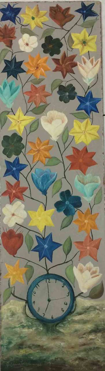 Jasmin Joseph (1923-2005) 9" x 33" Reloj con aceite de flores a bordo #10GSN-HA