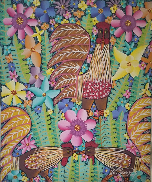 Jean-Claude Paul 24"x24" Tres gallos Óleo sobre lienzo 1981 #1JN-HA