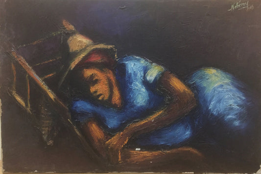 Néhémy Jean (1931-2007) 16"x24" Comerciante durmiente 1969 Óleo sobre lienzo #2-2-95MFN
