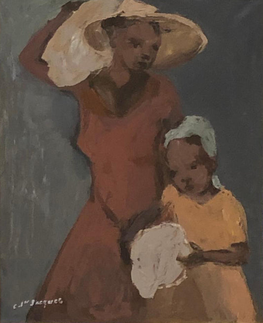 Carlo Jn-Jacques (1943-1990) 20"x16" Madre e hija Acrílico sobre lienzo Enmarcado #1FC