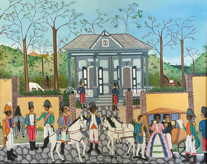 Jean-Baptiste Jean (Haitiano, 1953-2002) 24"x30" c1980 "Toussaint recibe una carta del primer cónsul" Óleo a bordo - Enmarcado #15MFN