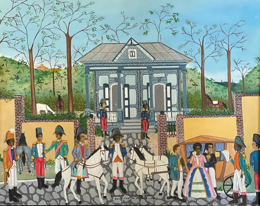 Jean-Baptiste Jean (Haitiano, 1953-2002) 24"x30" c1980 "Toussaint recibe una carta del primer cónsul" Óleo a bordo - Enmarcado #15MFN