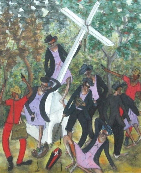 Reynald Joseph 24"x20" Voodoo Party con Baron Samedi 2012 Acrílico sobre lienzo #J251-HA