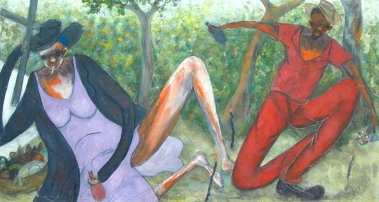 Reynald Joseph 16"x30" Baron Samedi en el cementerio 2009 Acrílico sobre lienzo #J223-HA