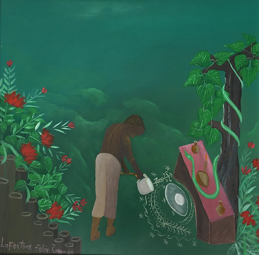 Lafortune Felix (Haitiano, 1933-2016) 22"x22" Preparación de la cena vudú #1500GN-HA