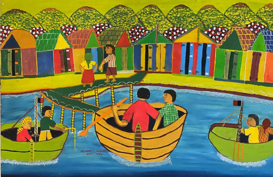 Mecene Laurent 16"x24" Boat Rows c1980 Óleo a bordo #1HL