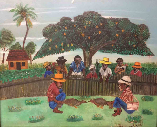 Peterson Laurent (1888-1958) 24"x30" Pelea de gallos c1948 Óleo a bordo #1GSN-MIA
