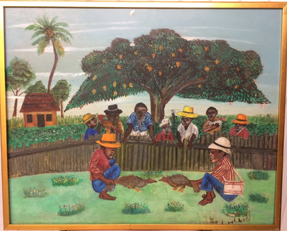 Peterson Laurent (1888-1958) 24"x30" Pelea de gallos c1948 Óleo a bordo #1GSN-MIA