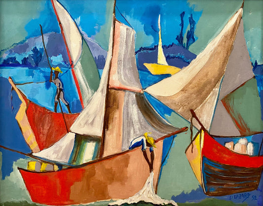 Luckner Lazard (Haitian, 1928-1998) 24"x32" Fishermen on Boats 1992 Oil on Canvas Painting #1TC
