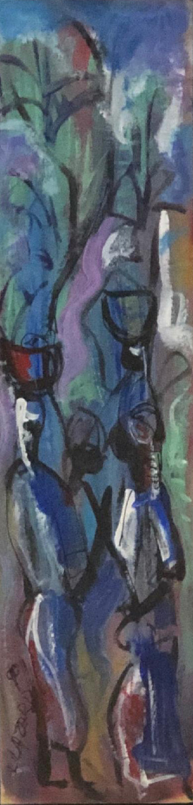 Luckner Lazard (1928-1998) 12"x3" Conversación entre comerciantes 1988 Acuarela enmarcada bajo vidrio #4FC