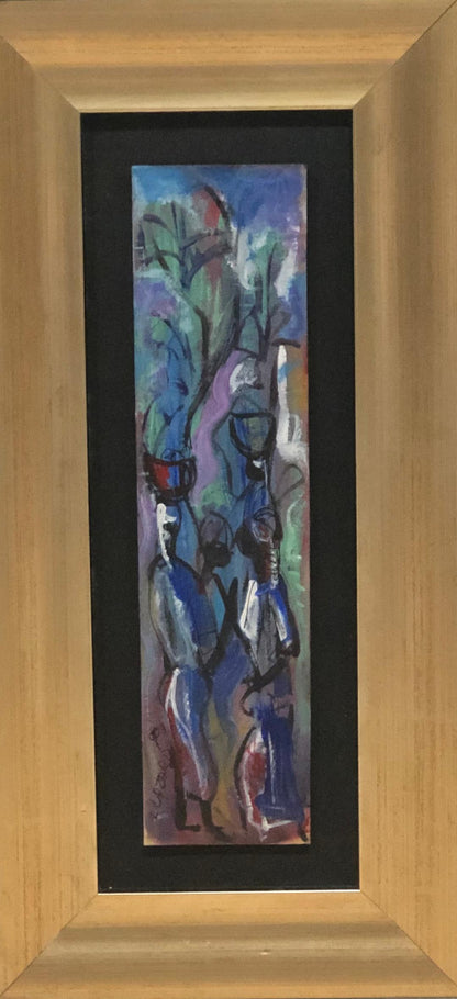 Luckner Lazard (1928-1998) 12"x3" Conversación entre comerciantes 1988 Acuarela enmarcada bajo vidrio #4FC