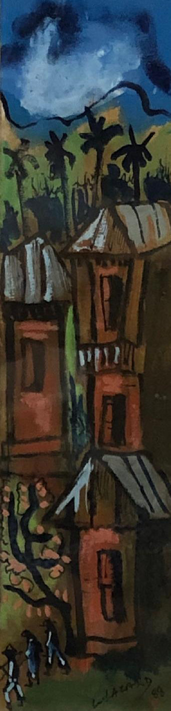 Luckner Lazard (1928-1998) 12"x3" Houses & Trees 1988 Acuarela sobre papel duro Enmarcado bajo vidrio #1FC