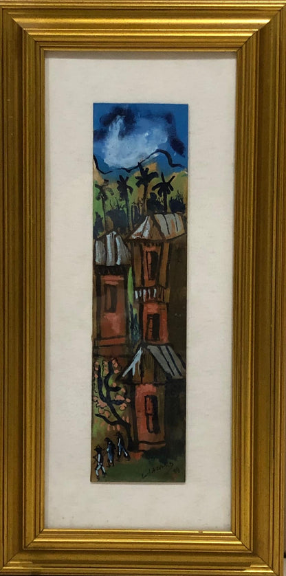 Luckner Lazard (1928-1998) 12"x3" Houses & Trees 1988 Acuarela sobre papel duro Enmarcado bajo vidrio #1FC