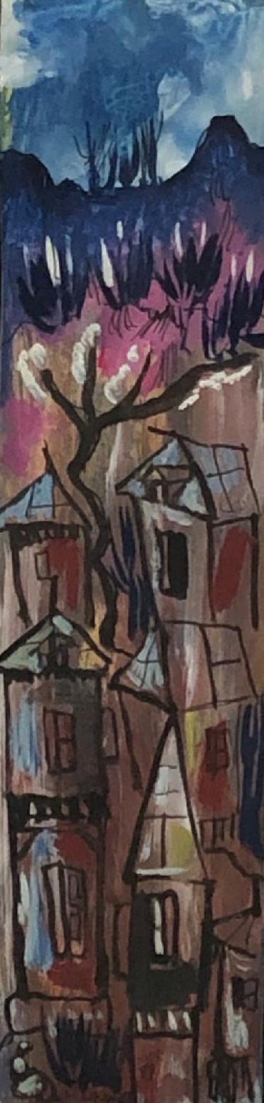 Luckner Lazard (1928-1998) 12"x3" Houses & Mountains 1989 Acuarela enmarcada bajo vidrio #3FC