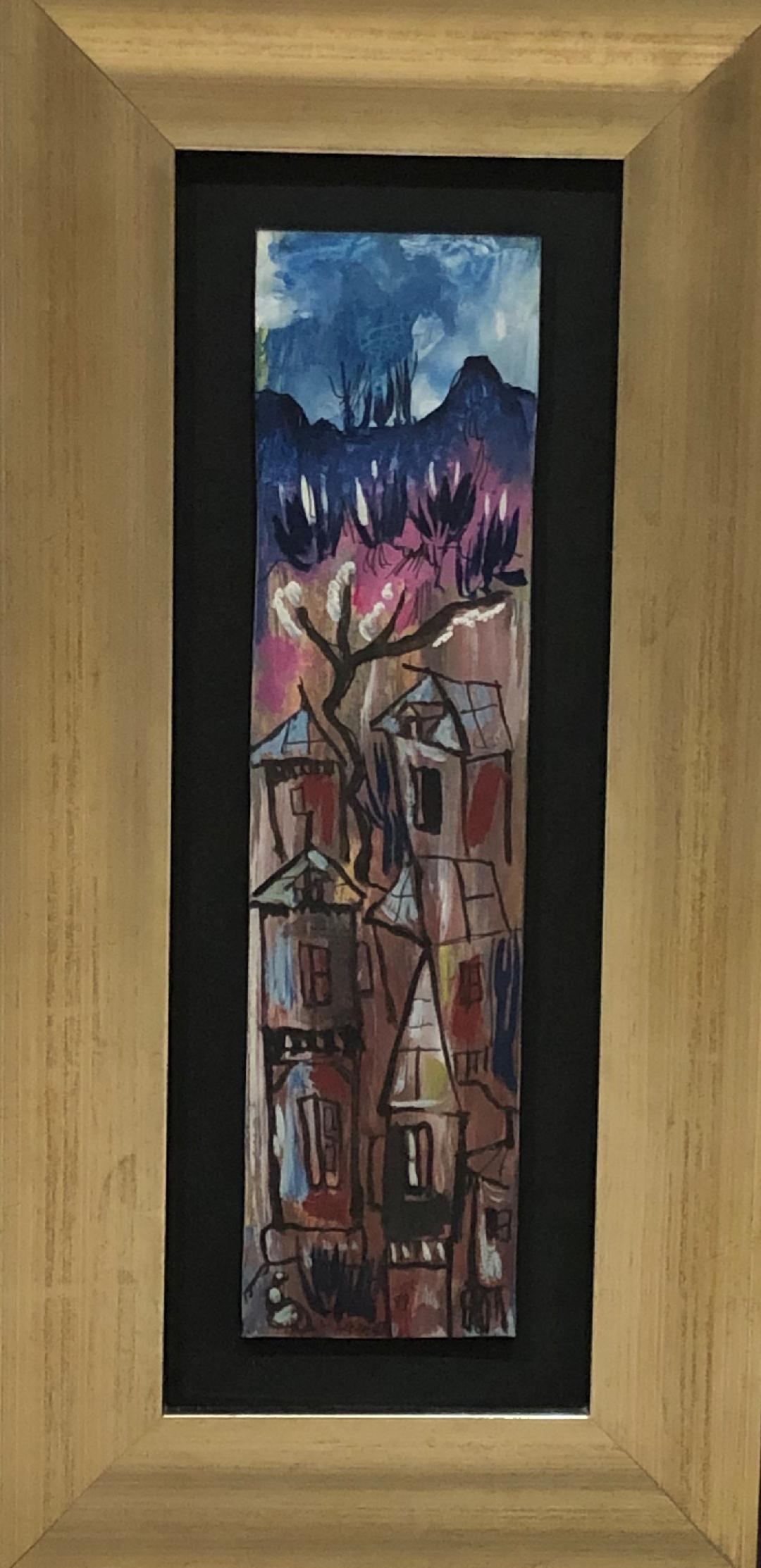 Luckner Lazard (1928-1998) 12"x3" Houses & Mountains 1989 Acuarela enmarcada bajo vidrio #3FC