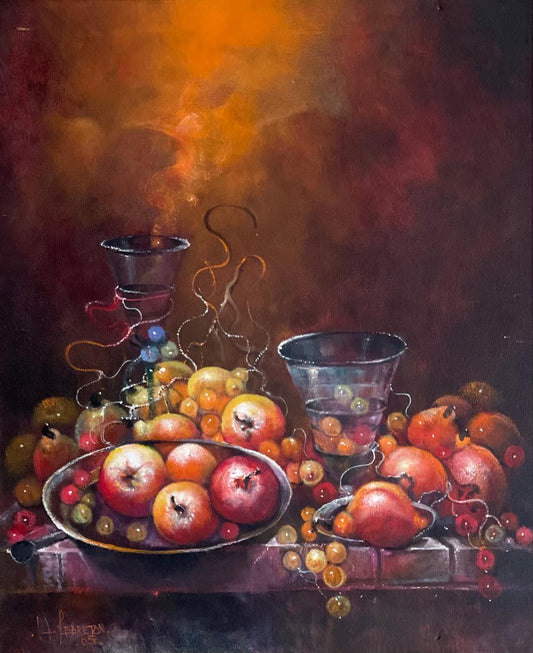 Hervé Lebreton 24"x20" "Naturaleza muerta con platos, tazas y frutas" 2005 Óleo sobre lienzo #1MFN