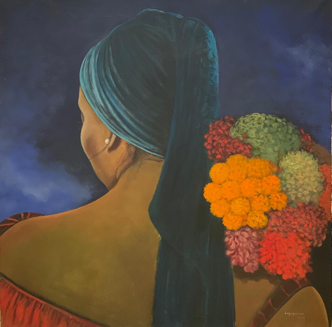 Jean-Claude Legagneur 50"x50" Mujer con flores 2002 Óleo sobre lienzo #1MFN