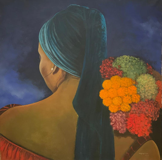Jean-Claude Legagneur 50"x50" Mujer con flores 2002 Óleo sobre lienzo #1MFN