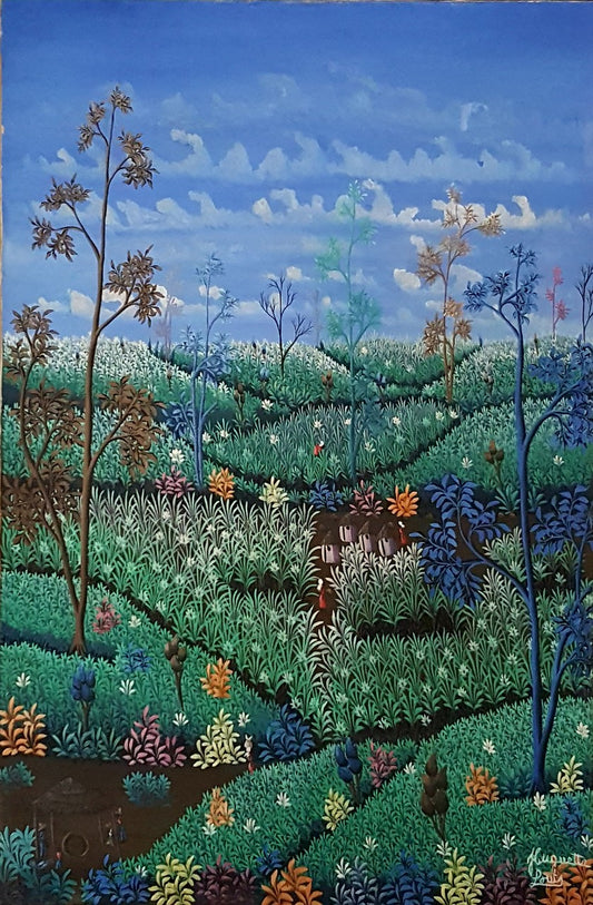 Huguette Louis 36"x24" Escena rural c1980 Óleo sobre lienzo #1JN-NY