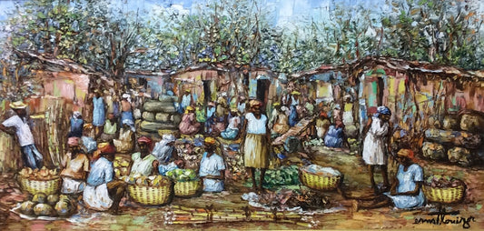 Ernst Louizor 12"x24" escena del mercado 1999 Óleo sobre lienzo #111-3-96MFN