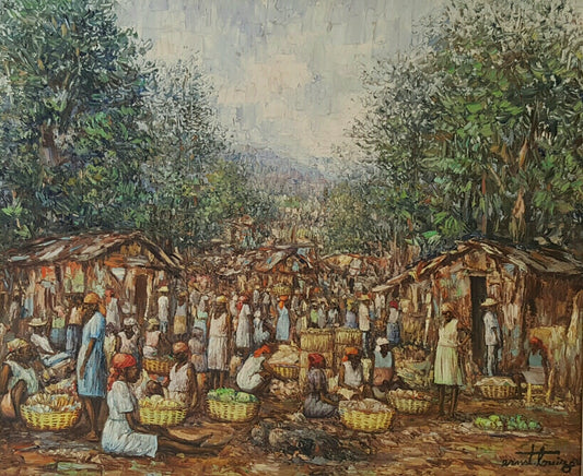 Ernst Louizor (1938-2011) 20x24" Escena de mercado c1970 Óleo sobre lienzo #1JN-HA