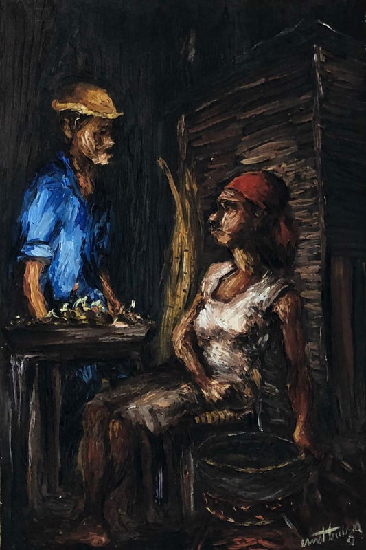 Ernst Louizor (Haitiano, 1938-2011) "Vendedor nocturno" Enmarcado 1974 Óleo sobre lienzo Pintura 24"h x 16"w #114-3-96GSN-NY