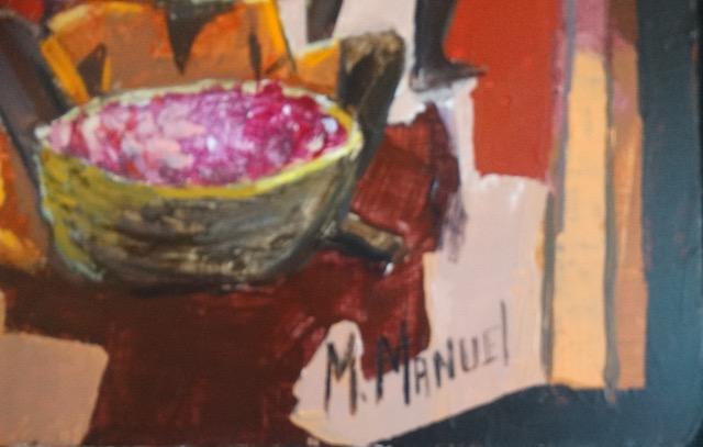 Michele Manuel (1935-2022) 8"x21" Market Days 2005 Acrylic on Canvas Painting #1RP