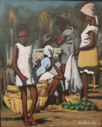 Claude Dambreville (1934-2021) 24"x20" Mercado callejero c1990 Acrílico sobre lienzo #2MF