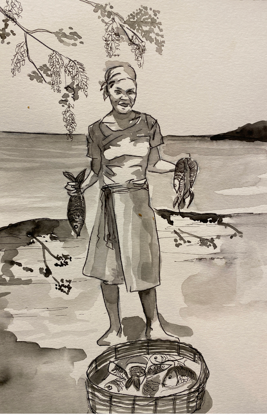 Alexa Masucci 8.5"x11" 2020 "Vendedor de pescado bajo Flamboyants" Acuarela y tinta sobre papel sin marco #5AM