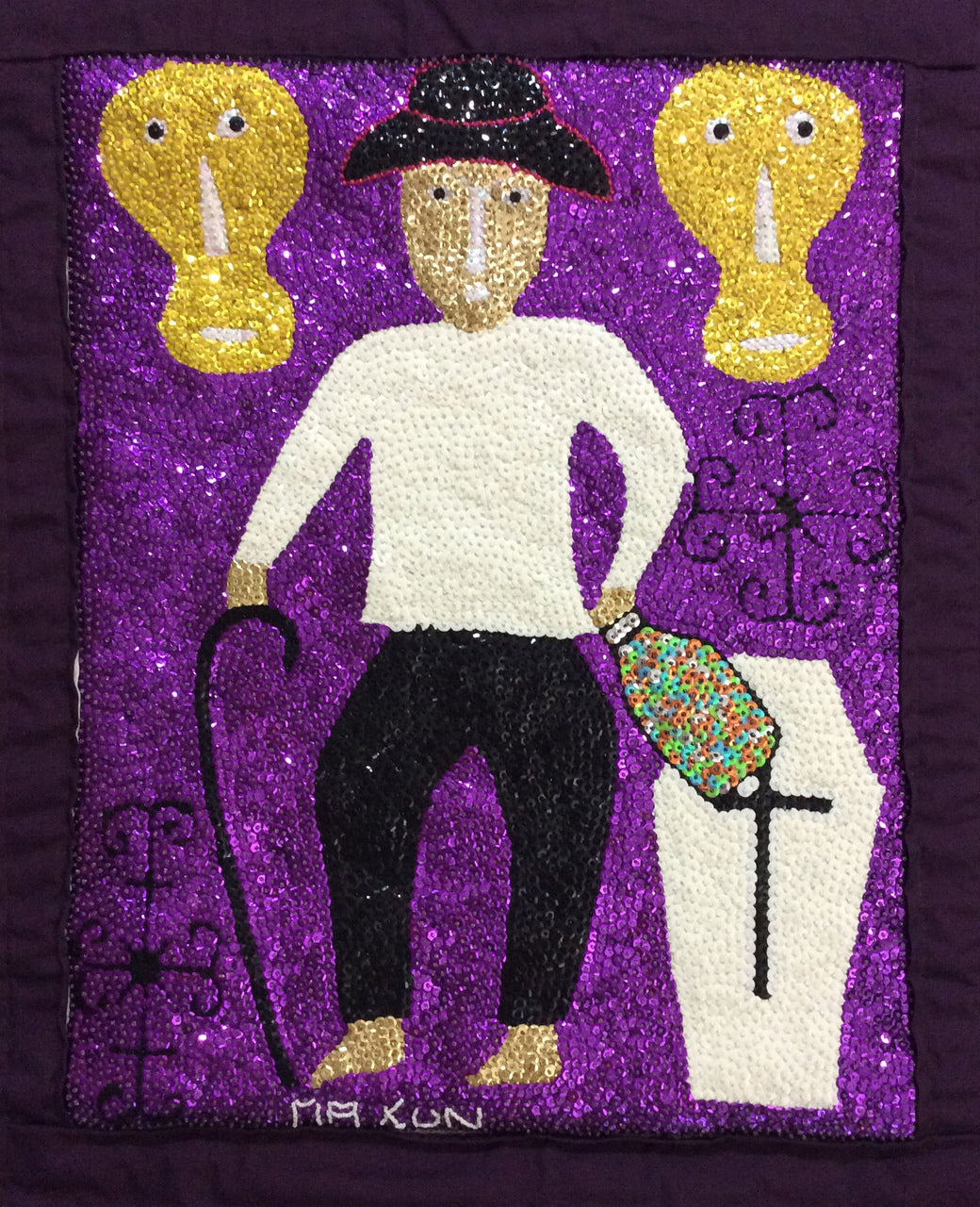 Maxon Scylla 29"x33" Baron Samedi & His Loas Bandera de vudú haitiano con lentejuelas y cuentas en satén, 2017 #5MFN