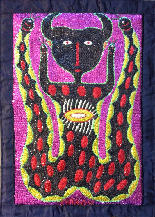 Maxon Scylla 31"x22" Damballah Bossou 2017 Bandera de vudú con lentejuelas y cuentas en satén #9MFN