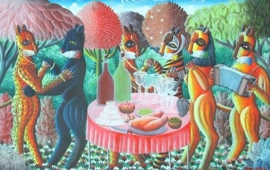 Fritz Merise 24"x36" Romance en la jungla c1990 Acrílico sobre lienzo #J29-HA