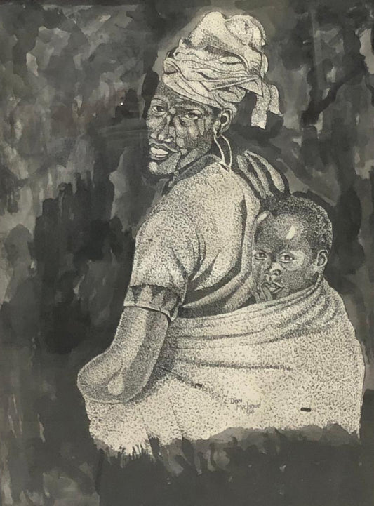 Don Michaud 23 ⅛"x17 ½" Madre e hijo 1994 Dibujo sobre papel enmarcado bajo vidrio #2FC