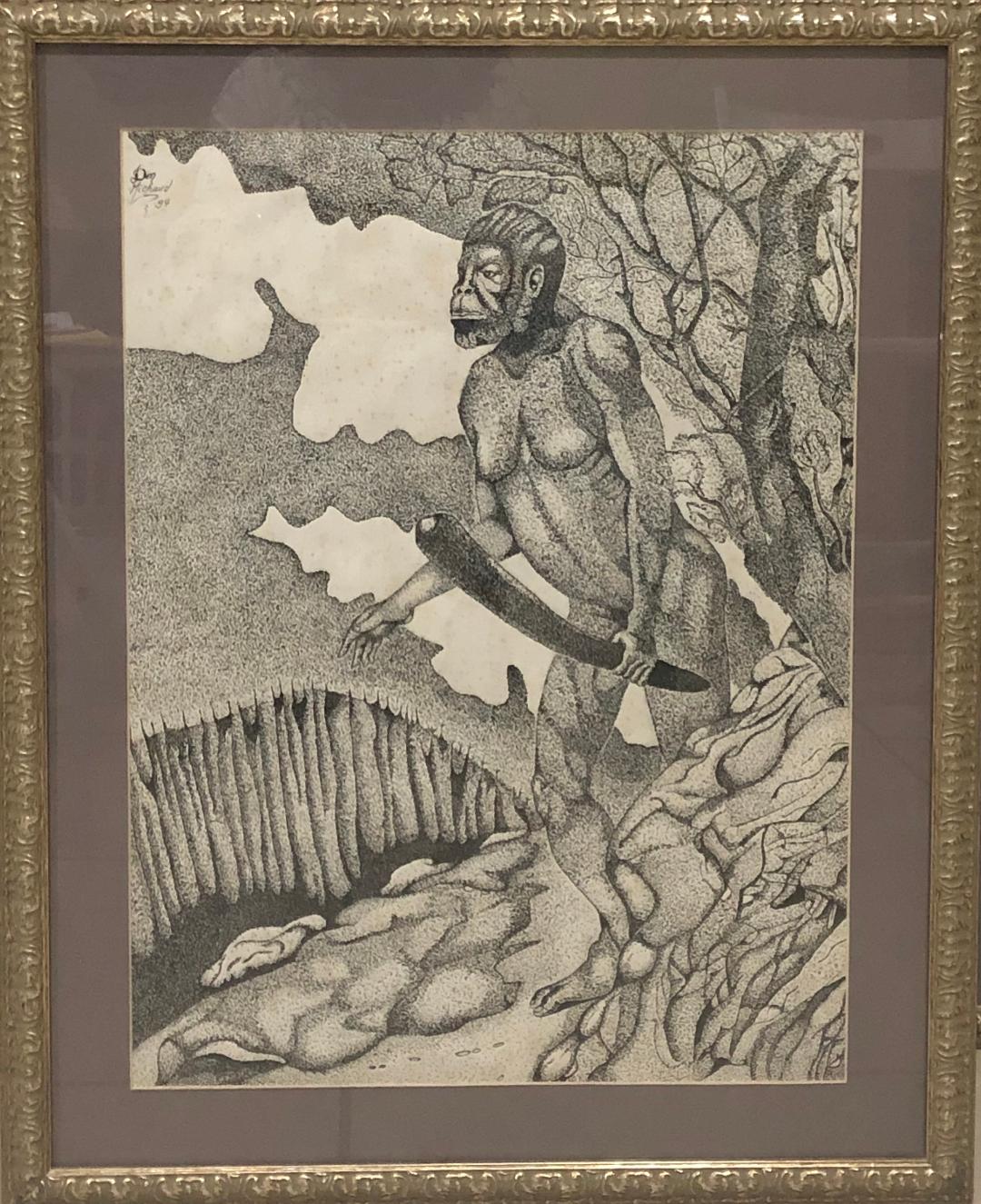 Don Michaud 25"x20" El Neanderthal 1994 Dibujo enmarcado bajo vidrio #1FC
