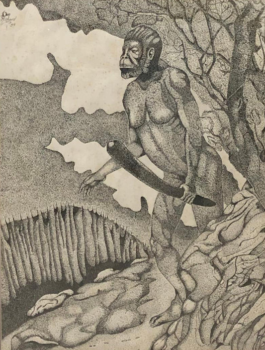 Don Michaud 25"x20" El Neanderthal 1994 Dibujo enmarcado bajo vidrio #1FC