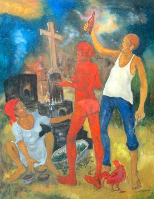 Yves Michaud 30"x24" Fiesta en el cementerio 2008 Acrílico sobre lienzo #J11-HA