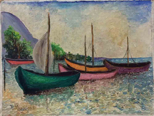 Roussel Moussignac 11"x14" Cuatro veleros 1972 Óleo a bordo #2-2-95MFN